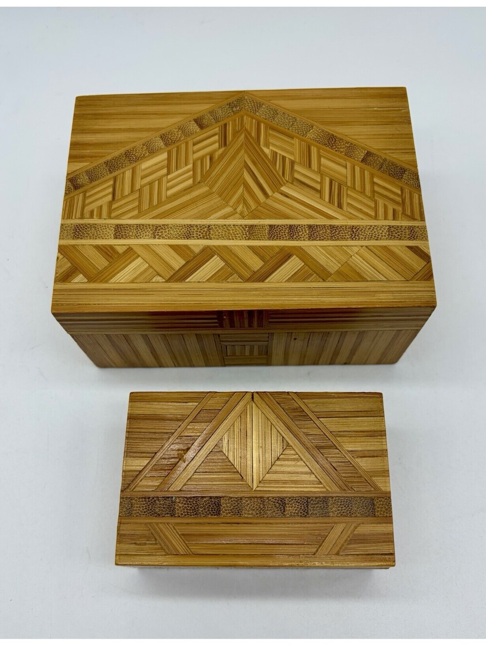 Two Vintage Inlaid Marquetry Applied Wood Artistic Jewelry Trinket Box Dresser